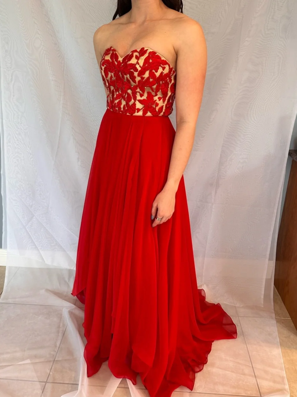 Sherri Hill Strapless Red Embroidered Gown - Picture 2 of 5